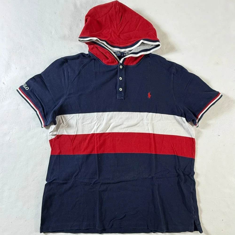 Polo Ralph‎ Lauren Hoodie Mens 2XL Navy Blue Red White Colorblock Short Sleeve